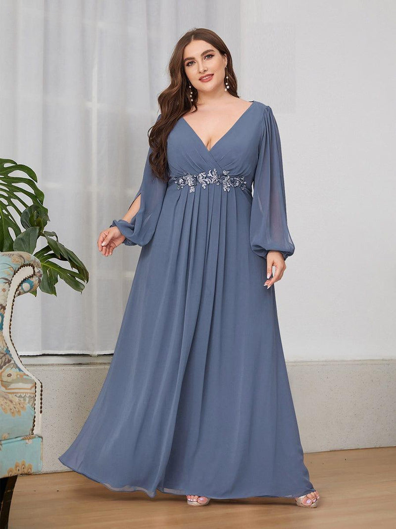 pretty AMOUR|Stylish Plus Size Chiffon Formal Evening Dresses with Long Lantern Sleeves