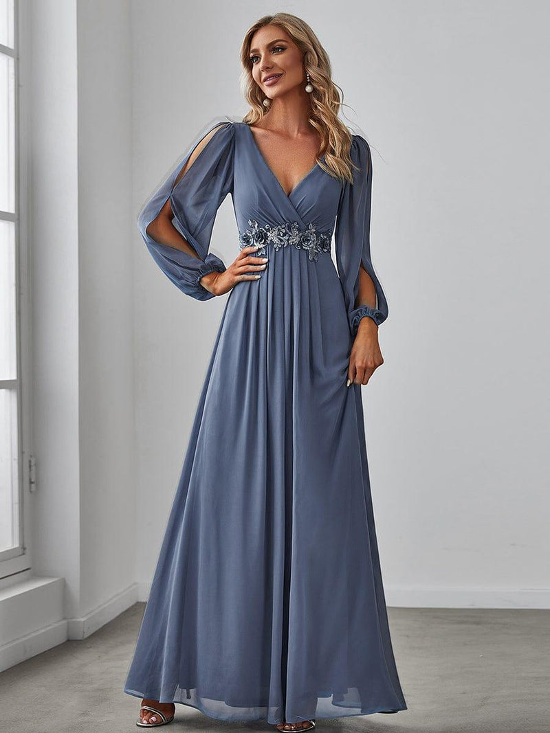 ever AMOUR|Elegant Chiffon V-Neckline Long Sleeve Formal Evening Dress