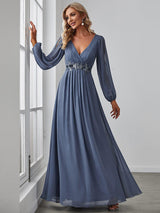 ever AMOUR|Elegant Chiffon V-Neckline Long Sleeve Formal Evening Dress