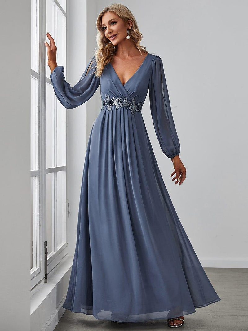 ever AMOUR|Elegant Chiffon V-Neckline Long Sleeve Formal Evening Dress