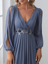 ever AMOUR|Elegant Chiffon V-Neckline Long Sleeve Formal Evening Dress