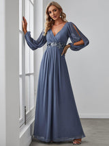 ever AMOUR|Elegant Chiffon V-Neckline Long Sleeve Formal Evening Dress