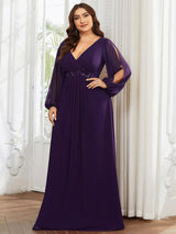 ever AMOUR|Elegant Chiffon V-Neckline Long Sleeve Formal Evening Dress