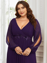 ever AMOUR|Elegant Chiffon V-Neckline Long Sleeve Formal Evening Dress