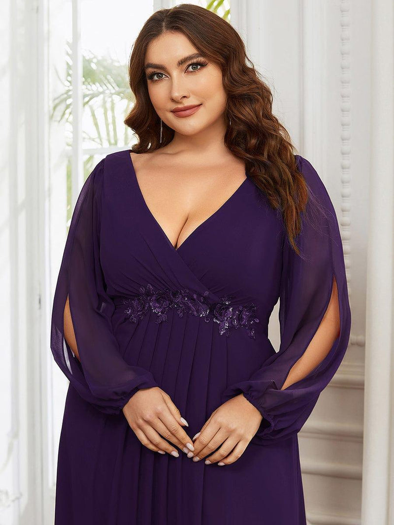 ever AMOUR|Elegant Chiffon V-Neckline Long Sleeve Formal Evening Dress