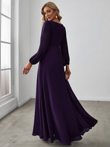 ever AMOUR|Elegant Chiffon V-Neckline Long Sleeve Formal Evening Dress