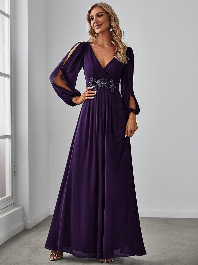 ever AMOUR|Elegant Chiffon V-Neckline Long Sleeve Formal Evening Dress