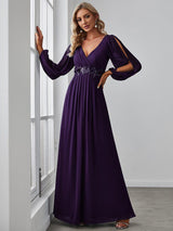 ever AMOUR|Elegant Chiffon V-Neckline Long Sleeve Formal Evening Dress