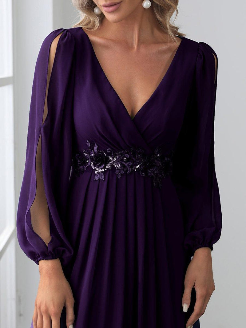 ever AMOUR|Elegant Chiffon V-Neckline Long Sleeve Formal Evening Dress