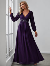 ever AMOUR|Elegant Chiffon V-Neckline Long Sleeve Formal Evening Dress