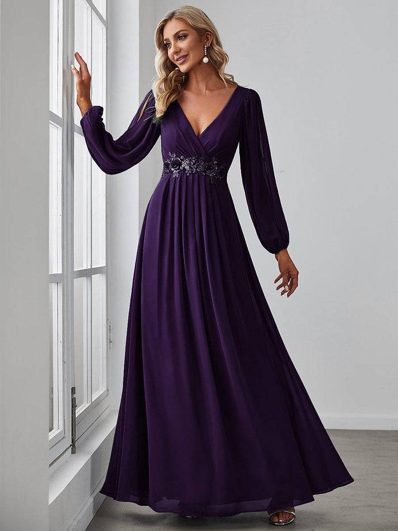 ever AMOUR|Elegant Chiffon V-Neckline Long Sleeve Formal Evening Dress