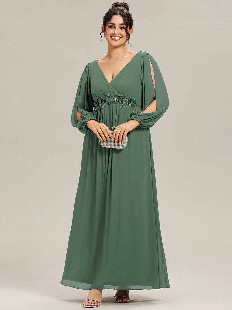 ever AMOUR|Elegant Chiffon V-Neckline Long Sleeve Formal Evening Dress