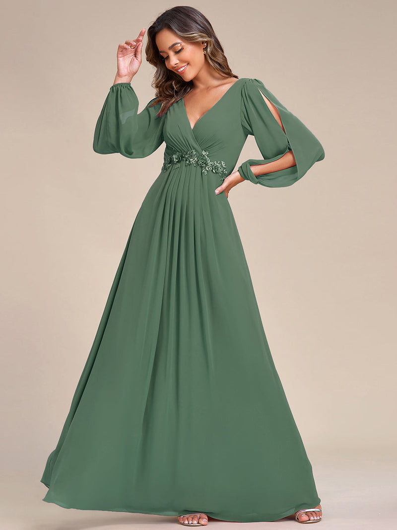 ever AMOUR|Elegant Chiffon V-Neckline Long Sleeve Formal Evening Dress