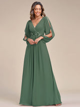 ever AMOUR|Elegant Chiffon V-Neckline Long Sleeve Formal Evening Dress