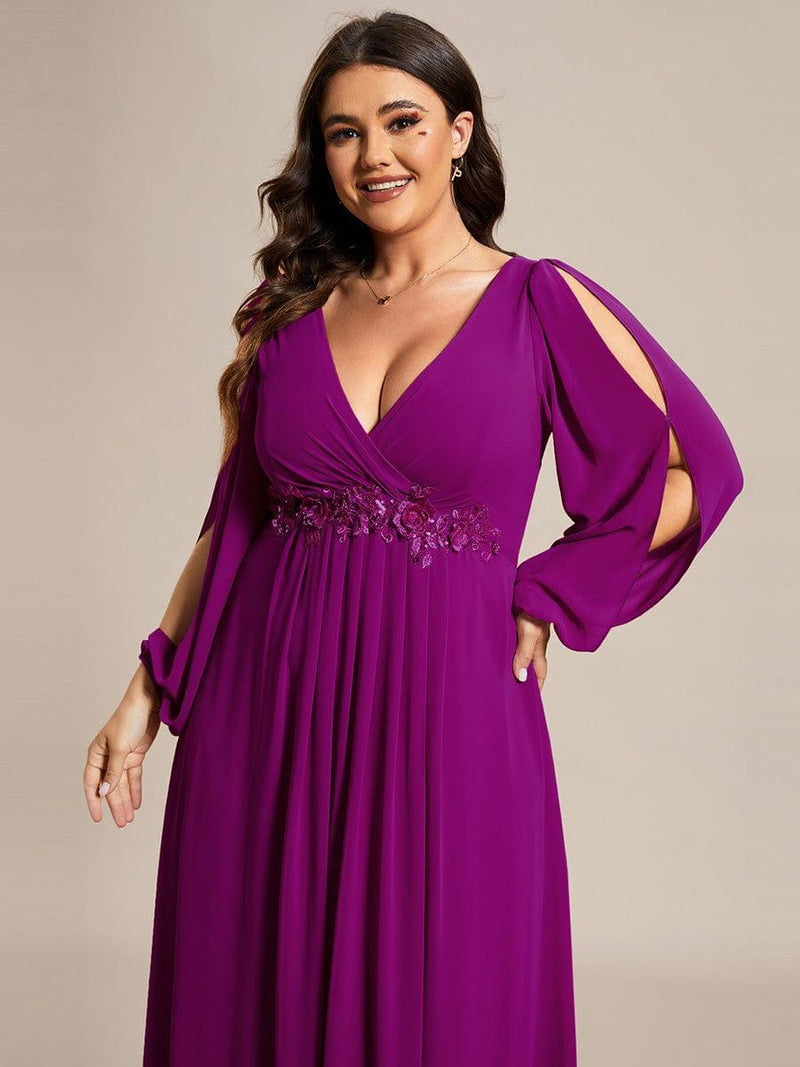 ever AMOUR|Elegant Chiffon V-Neckline Long Sleeve Formal Evening Dress