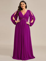 ever AMOUR|Elegant Chiffon V-Neckline Long Sleeve Formal Evening Dress