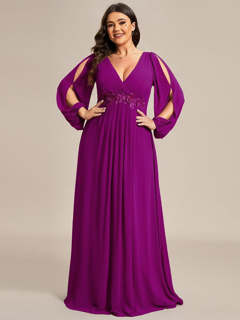 ever AMOUR|Elegant Chiffon V-Neckline Long Sleeve Formal Evening Dress