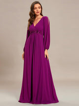 ever AMOUR|Elegant Chiffon V-Neckline Long Sleeve Formal Evening Dress