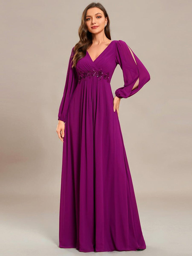 ever AMOUR|Elegant Chiffon V-Neckline Long Sleeve Formal Evening Dress