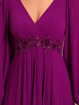 ever AMOUR|Elegant Chiffon V-Neckline Long Sleeve Formal Evening Dress