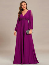 ever AMOUR|Elegant Chiffon V-Neckline Long Sleeve Formal Evening Dress