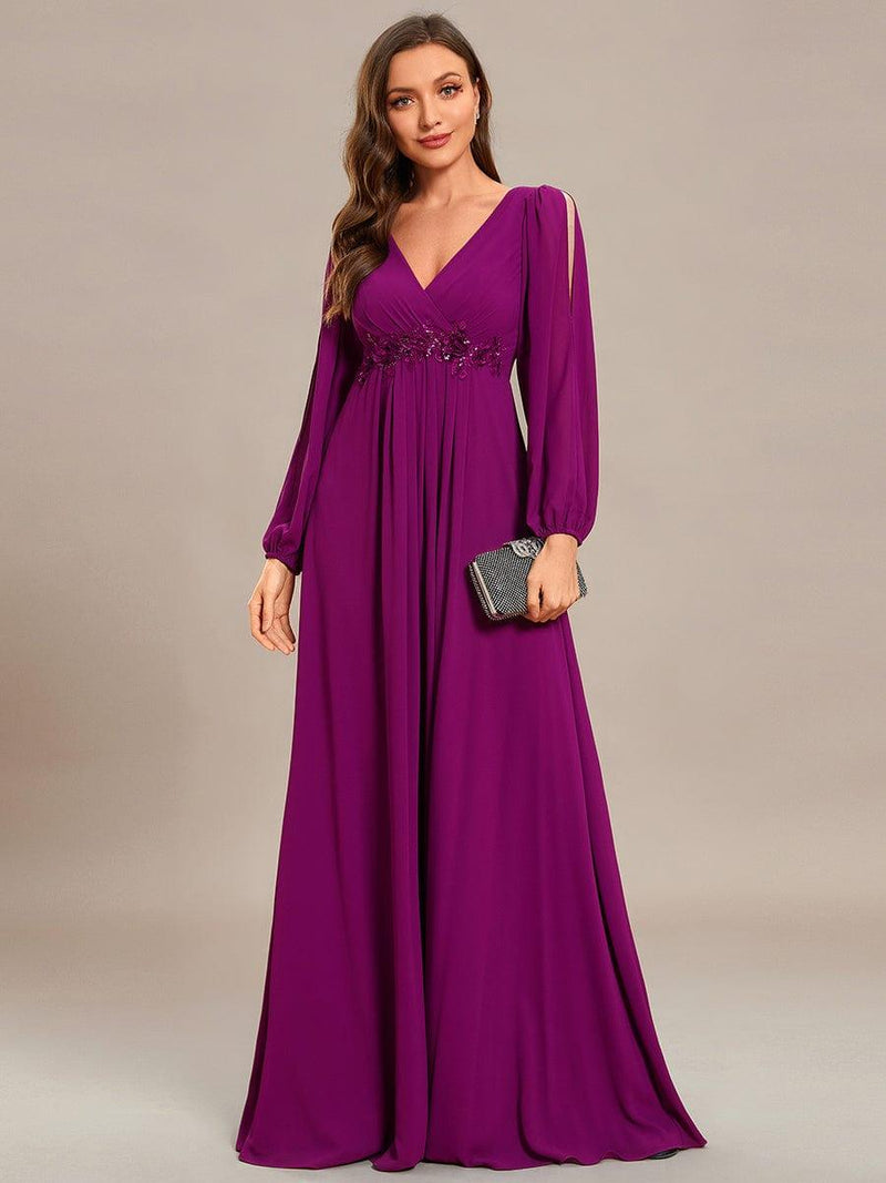 ever AMOUR|Elegant Chiffon V-Neckline Long Sleeve Formal Evening Dress