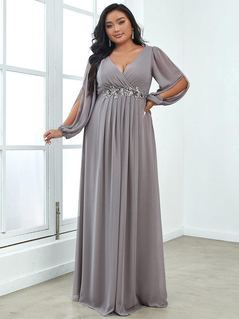 pretty AMOUR|Stylish Plus Size Chiffon Formal Evening Dresses with Long Lantern Sleeves