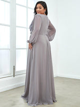 pretty AMOUR|Stylish Plus Size Chiffon Formal Evening Dresses with Long Lantern Sleeves