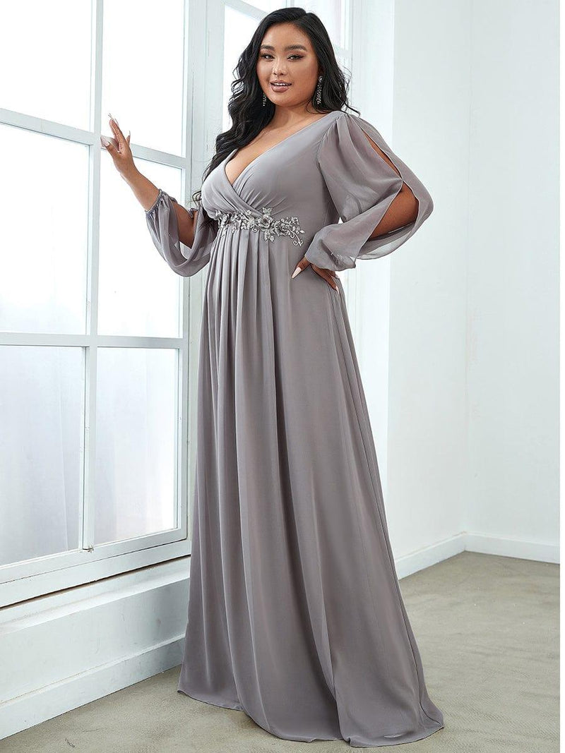 pretty AMOUR|Stylish Plus Size Chiffon Formal Evening Dresses with Long Lantern Sleeves