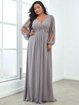 pretty AMOUR|Stylish Plus Size Chiffon Formal Evening Dresses with Long Lantern Sleeves