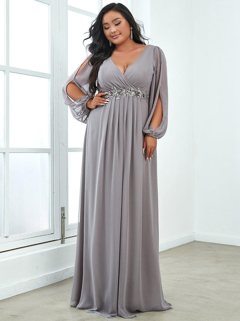 pretty AMOUR|Stylish Plus Size Chiffon Formal Evening Dresses with Long Lantern Sleeves