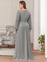 ever AMOUR|Elegant Chiffon V-Neckline Long Sleeve Formal Evening Dress