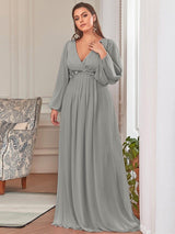 ever AMOUR|Elegant Chiffon V-Neckline Long Sleeve Formal Evening Dress