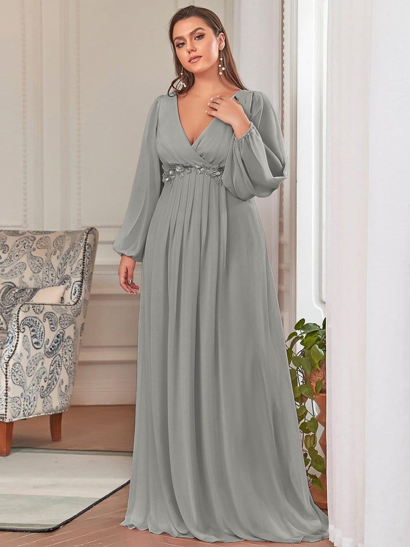 ever AMOUR|Elegant Chiffon V-Neckline Long Sleeve Formal Evening Dress
