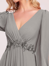 ever AMOUR|Elegant Chiffon V-Neckline Long Sleeve Formal Evening Dress