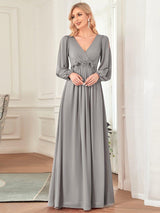 ever AMOUR|Elegant Chiffon V-Neckline Long Sleeve Formal Evening Dress