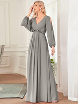 ever AMOUR|Elegant Chiffon V-Neckline Long Sleeve Formal Evening Dress