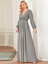 ever AMOUR|Elegant Chiffon V-Neckline Long Sleeve Formal Evening Dress