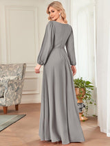 ever AMOUR|Elegant Chiffon V-Neckline Long Sleeve Formal Evening Dress