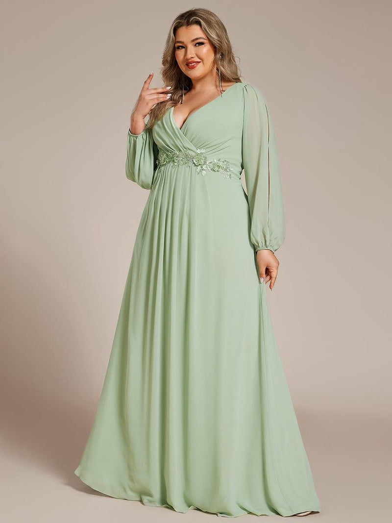 ever AMOUR|Elegant Chiffon V-Neckline Long Sleeve Formal Evening Dress