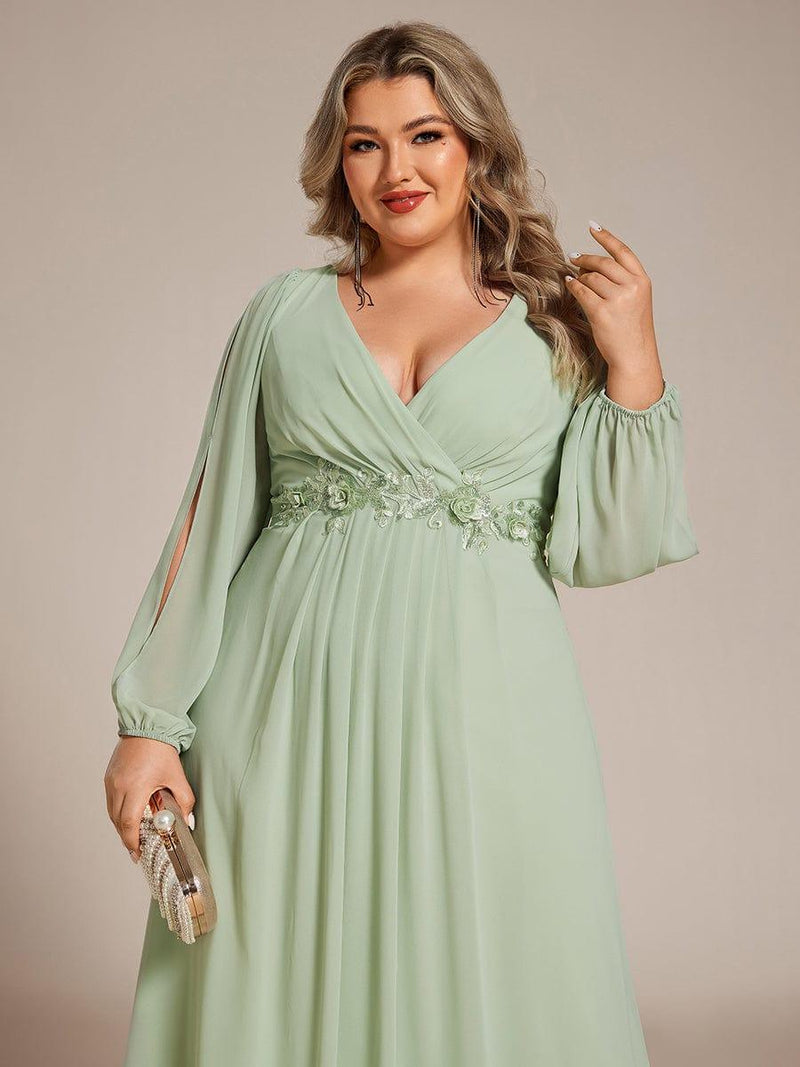 ever AMOUR|Elegant Chiffon V-Neckline Long Sleeve Formal Evening Dress