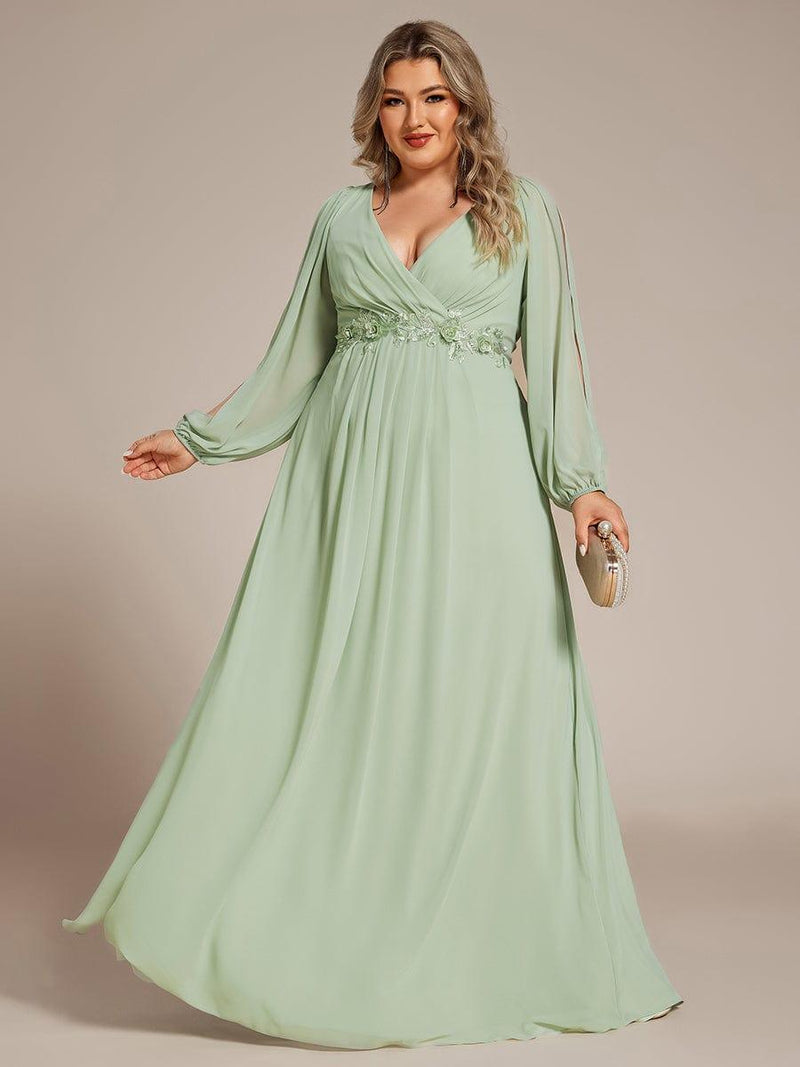 ever AMOUR|Elegant Chiffon V-Neckline Long Sleeve Formal Evening Dress