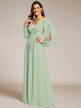 ever AMOUR|Elegant Chiffon V-Neckline Long Sleeve Formal Evening Dress