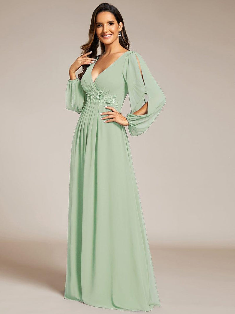 ever AMOUR|Elegant Chiffon V-Neckline Long Sleeve Formal Evening Dress