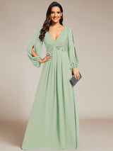 ever AMOUR|Elegant Chiffon V-Neckline Long Sleeve Formal Evening Dress