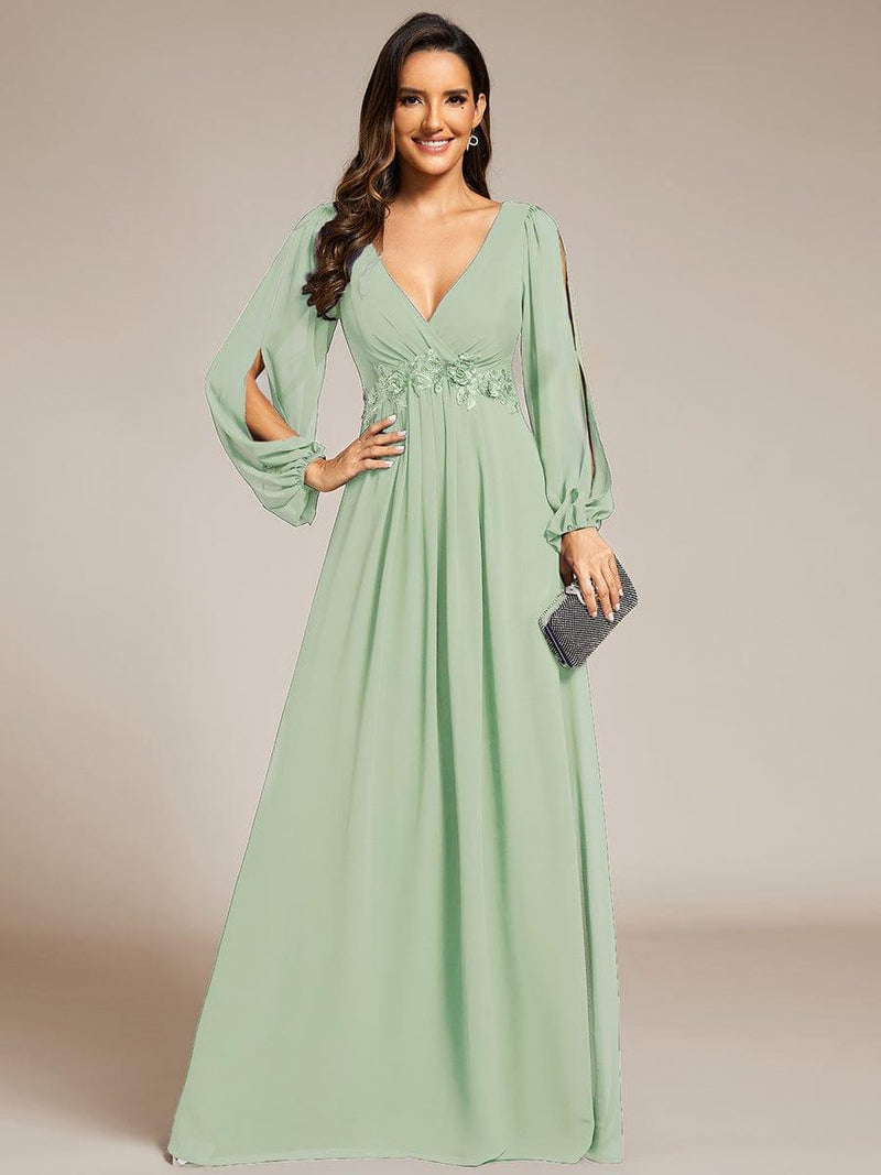 ever AMOUR|Elegant Chiffon V-Neckline Long Sleeve Formal Evening Dress