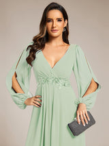 ever AMOUR|Elegant Chiffon V-Neckline Long Sleeve Formal Evening Dress
