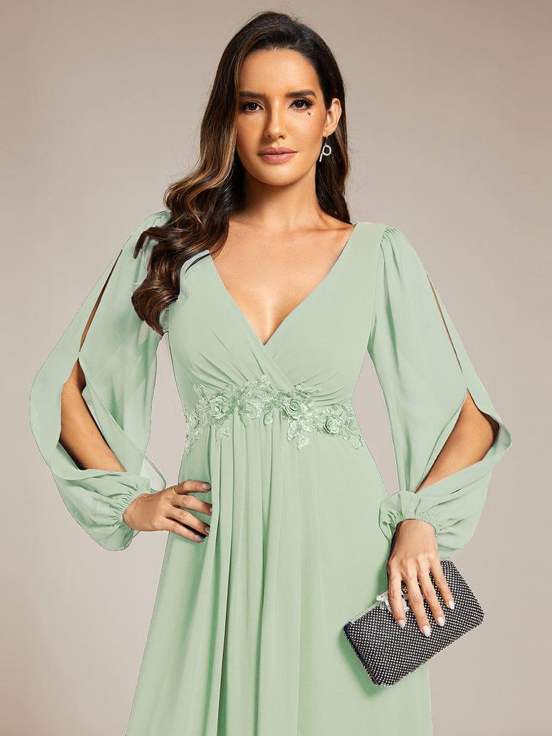 ever AMOUR|Elegant Chiffon V-Neckline Long Sleeve Formal Evening Dress
