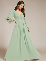 ever AMOUR|Elegant Chiffon V-Neckline Long Sleeve Formal Evening Dress