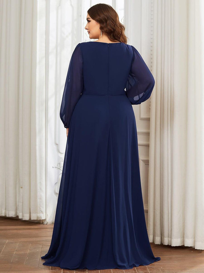 ever AMOUR|Elegant Chiffon V-Neckline Long Sleeve Formal Evening Dress